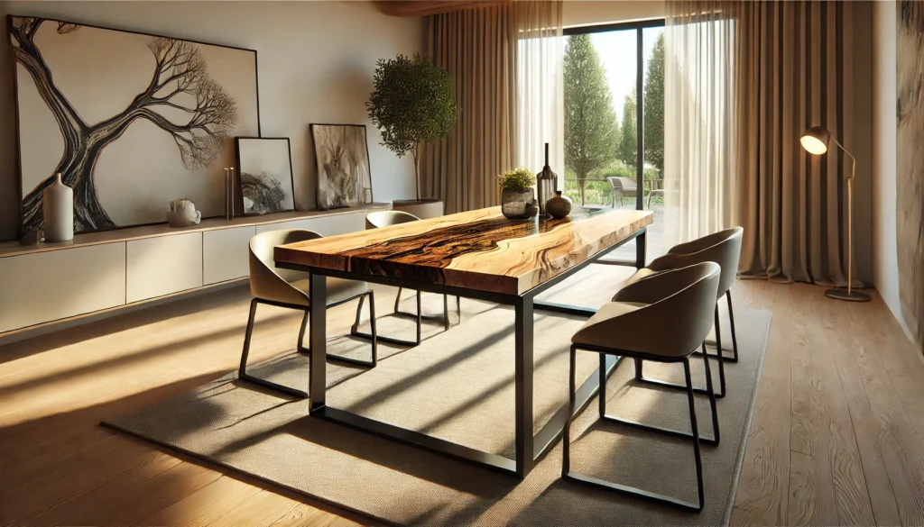 DALL·E 2024-12-10 22.49.33 - A modern dining room featuring a smaller dining table with a thinner tabletop made predominantly of olive wood with significant resin accents. The tab